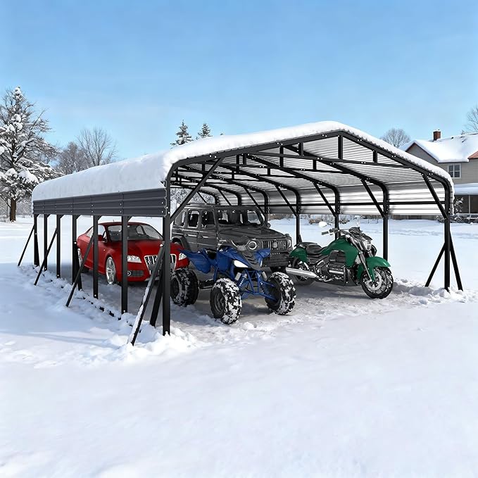20x30FT Metal Carport, Heavy Duty Car Garage w/Reinforced Support Rods and Windproof Ground Anchors, All-Weather Multi-Use Outdoor Shelter for 2-4 Car, Boats and Truck
