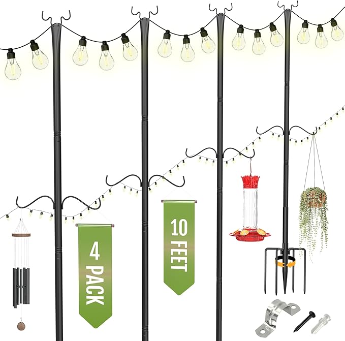 Birdream 4 Pack 10FT String Light Poles for Outside with Shepherd's Hook, Metal Pole for Garden Backyard Patio Decor Decoractions
