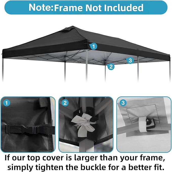 10x20 Canopy Replacement Top Cover with Air Vents for ez up Pop up Canopy Gazebo Tent, with Adjustable Strap, Waterproof & Anti-UV for Outdoor Shade (Frame Not Included) (Black)