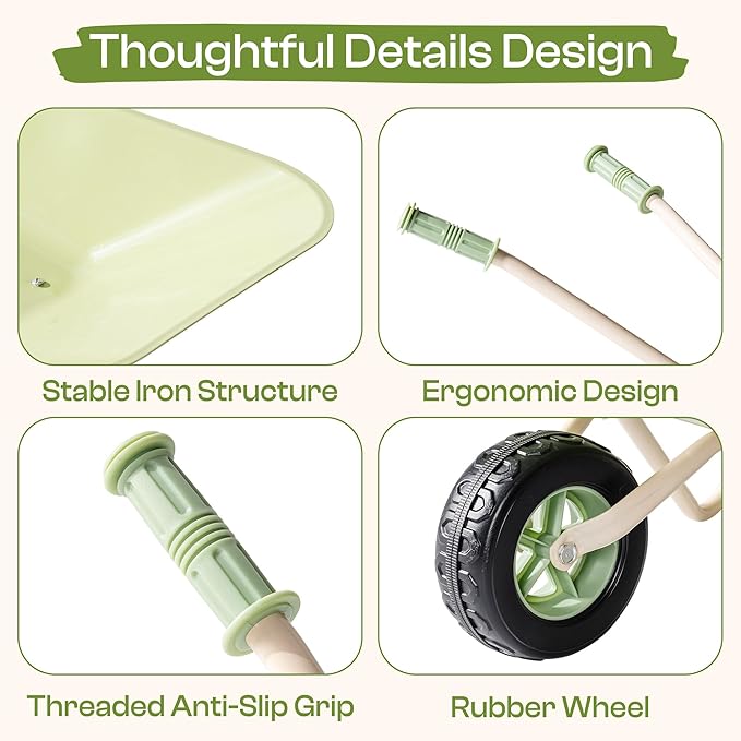 ROBUD Kids Wheelbarrow Set, Green Metal Toddler Wheelbarrow with Shovel, Hoe, Broom & Gloves, Kid Gardening Set for Kid to be Closer to Nature, WRP43