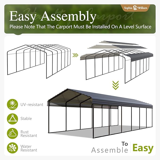 Sophia & William 12x30FT Heavy-Duty Metal Carport, All-Weather Shelter for Cars, Boats & Outdoor Gear (Galvanized Steel Roof), Dark Grey