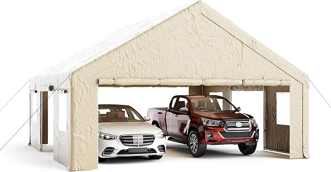 20x20ft Heavy Duty Carport, Canopy with Roll-up Ventilated Windows & Side Door All Weather, Easy Assembly Portable Car Shelter for Garage/Storage/Party