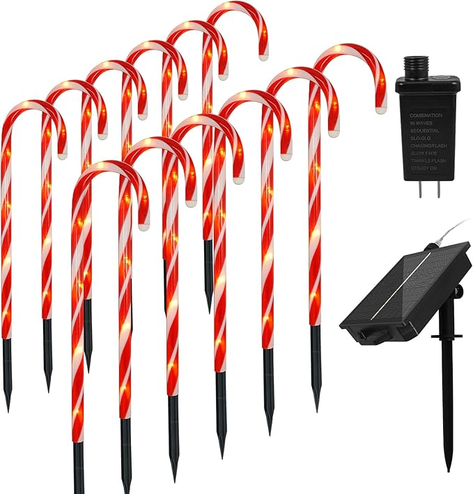 Anordsem Solar Christmas Decorations Outdoor: 12 Pack Candy Cane Pathway Stake Lights - 21" Waterproof LED 8 Lighting Models Yard Garden DIY Decor - 2026 Xmas Gifts for Homeowners
