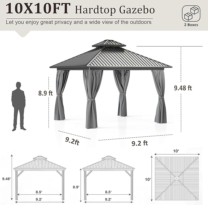 10x10 FT Gazebo Hardtop Gazebo, Aluminum Pergola with Double Galvanized Steel Roof, Curtains and Netting Included, Outdoor Gazebos Canopy for Patio, Backyard, Deck, Lawn,Grey