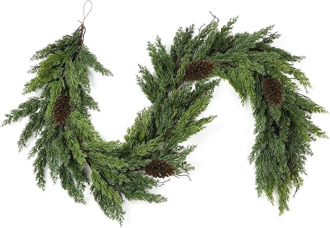 6FT Artificial Cedar Christmas Garland for Mantle Christmas Decorations Real Touch Realistic Greenery Faux Pine Garlands for Xmas Home Decoration Fake Winter Indoor Outdoor Garland Door Decor