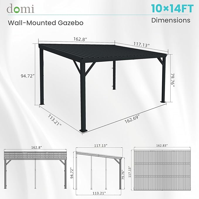 Domi 10' x 14' Lean to Gazebo, Wall Mounted Gazebos Pergola with Built in Drainage System, Galvanized Steel Roof, Hardtop Patio Shelter for Deck, Porch, Backyard and More