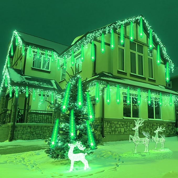 Halloween Lights Outdoor, Meteor Shower Christmas Lights for Halloween Decorations, 8 Tube 192 LED Snow Falling Rain Icicle String Light for Xmas Christmas Decor Tree Party, UL Plug Green