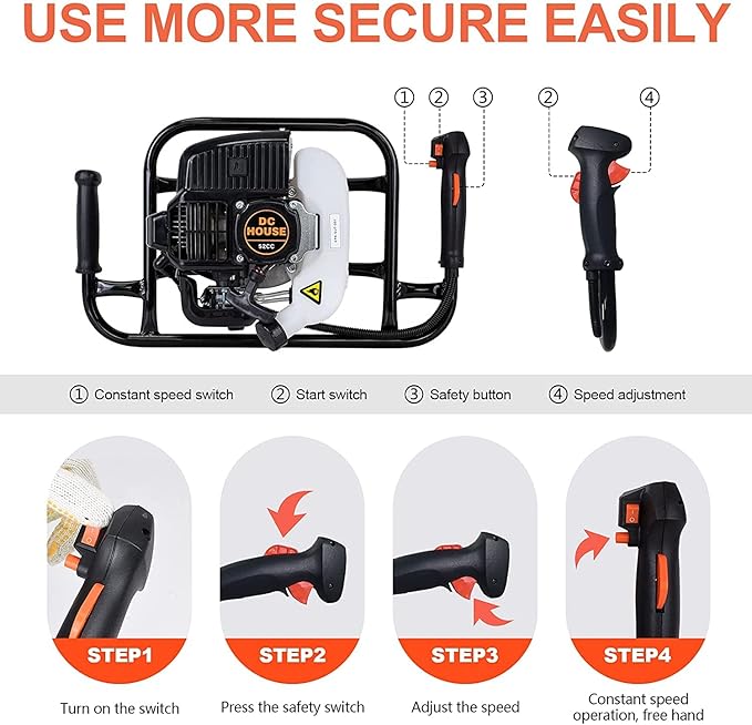 DC HOUSE 52cc 1800W Gas Powered Earth Auger EPA Certified Post Hole Digger, with 3 Drill Bits 6 10 12 and 3 Extension Rods 8 12 20, Mixing Ratio 30:1, for Fence, Farmland and Garden