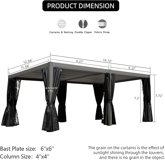 Domi 12x20FT Louvered Pergola, Full Aluminum Pergola with Adjustable Louvered Roof, Outdoor Pergola with Waterproof Curtains and Netting, Gray