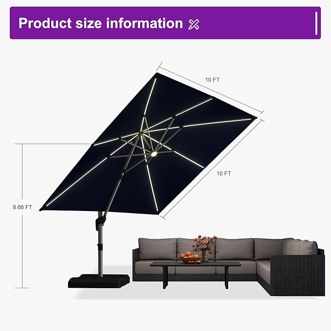PURPLE LEAF Patio Umbrella with base 10 Feet Outdoor Square Cantilever Umbrella Solar Powered LED with 360-degree Rotation for Garden Deck Pool Patio, Navy Blue