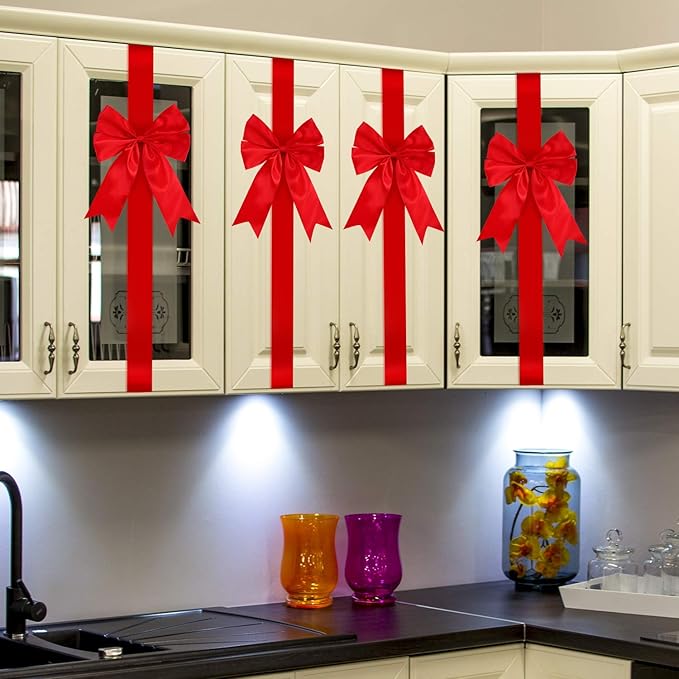 BBTO 6 Pcs Christmas Cabinet Door Red Festive Ribbons 8x40 Inches Large Bow Christmas Wreath Tree Bow Festival Wrapping Decorations for Home Fireplace Door Holiday Party Supplies