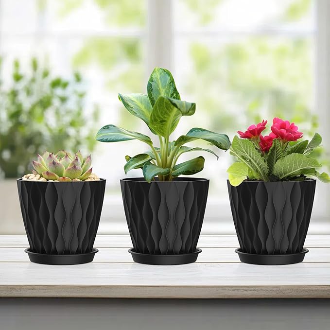 12 Pack 4 Inch Small Plant Pots with Saucers, Waffle Texture Plastic Planters with Drainage Holes for Indoor and Outdoor Plants, Flowers, Herbs, Succulents, and Seedlings, Black