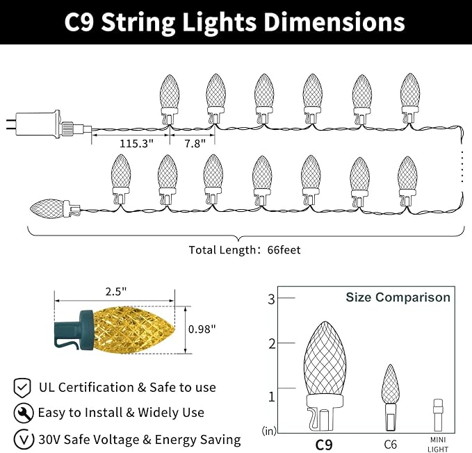 ZAIYW C9 Christmas Lights String, 66ft 100 LED Strawberry String Lights UL Plug C9 String Lights Green Wire Waterproof for Outdoor Roof Eaves Garden Yard Xmas Decor (Warm White)