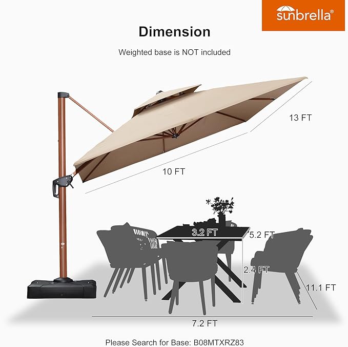 PURPLE LEAF 10' X 13' Double Top Deluxe Rectangle Patio Umbrella - Offset Hanging Cantilever Umbrellas in Heather Beige