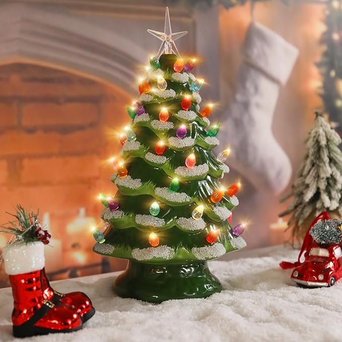 Ceramic Christmas Tree 12 Inch Tabletop Christmas Tree Vintage Christmas Decoration Battery Operated Small Green Xmas Trees with Multicolored Lights