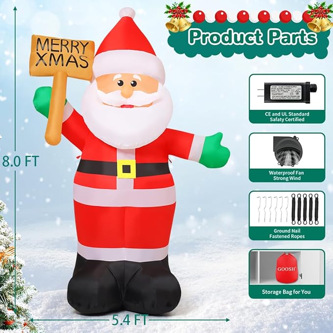 GOOSH 8 FT Christmas Inflatables Santa Claus Outdoor Decorations Blow Up Yard Santa Claus Holding Merry Xmas Sign with Built-in LEDs for Holiday Party Xmas Yard Garden Lawn Decor