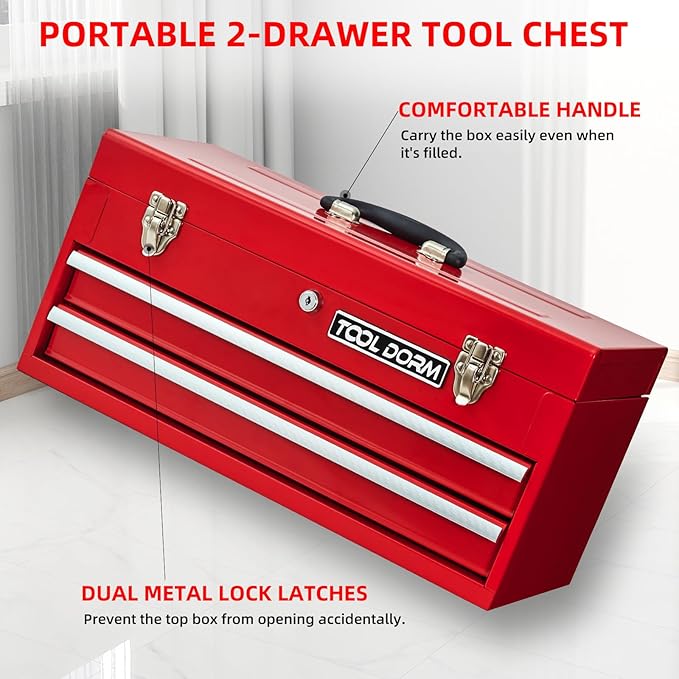 20.3¡° Metal Tool Box with Drawer Portable Steel Tool Box with Liner and Latch Closure and Lock for Garage, Home and Warehouse (Red-2 Drawers)