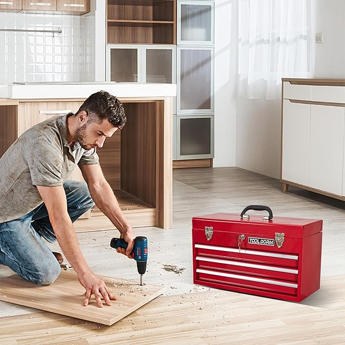 20.3¡° Metal Tool Box with Drawer Portable Steel Tool Box with Protective Liner and Latch Closure and Lock for Garage, Home and Warehouse (Red-3 Drawers)