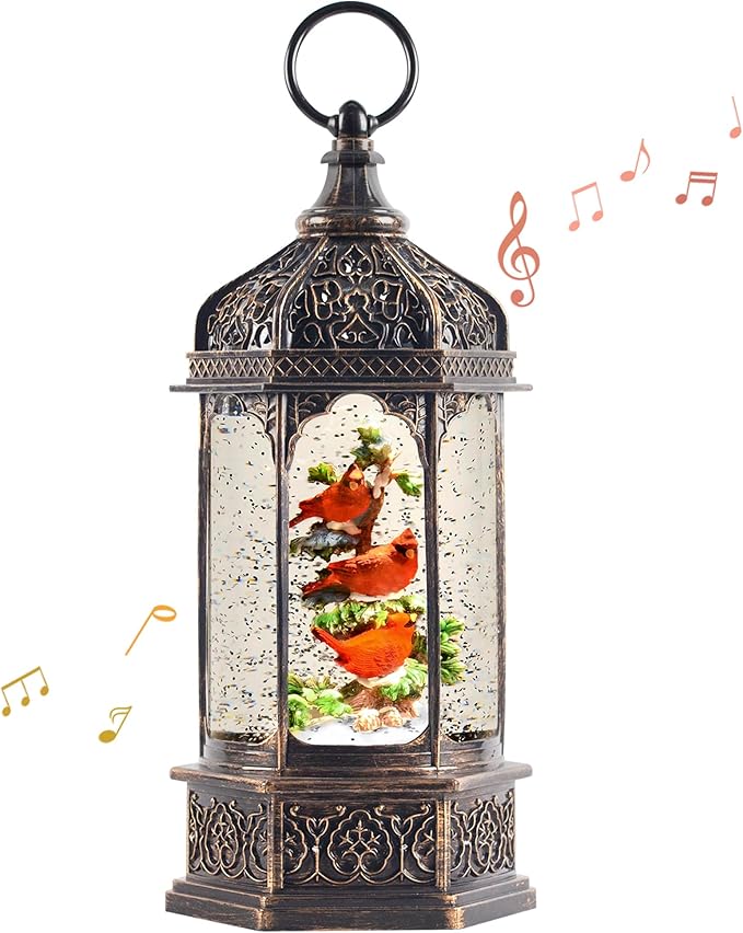 12.8" Christmas Snow Globe Lantern Christmas Decorations Indoor with Swirling Glitter Three Cardinals in The Tree, Lighted Musical Snow Globes for Home Decoration USB Powered or Battery Operated