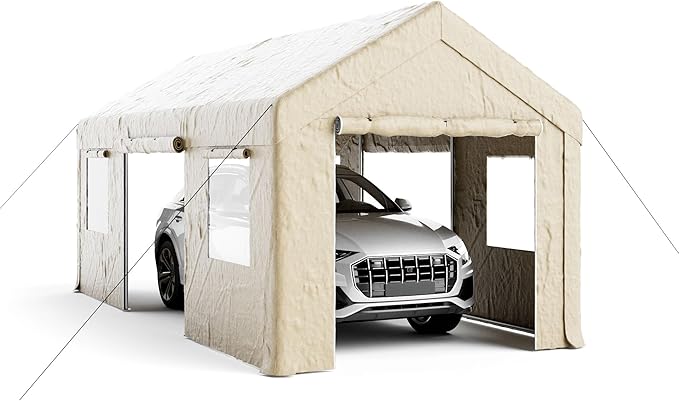 10x20ft Heavy Duty Carport, Reinforced Frame, Weatherproof Canopy with Roll-up Ventilated Windows & Sidewalls, Easy Assembly Portable Car Shelter for Garage/Storage/Party