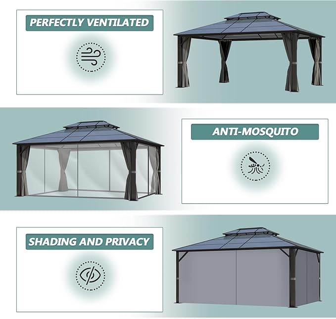 12'x16' Hardtop Gazebo, Patio Gazebo Polycarbonate Double Roof Gazebos with Netting and Curtains, Heavy Duty Metal Pavilion for Patio, Backyard, Deck and Lawn