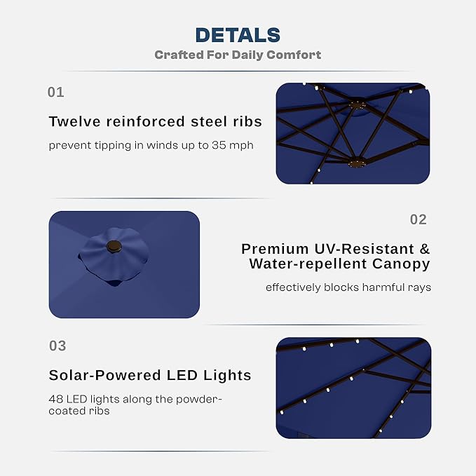 13FT Double-Sided Patio Umbrella with 48 Solar LED Lights, Large Rectangular Outdoor Market Umbrella with Crank Handle, Vented Canopy, Heavy-Duty 12 Rib Steel Frame, for Backyard, Garden, Pool, Navy