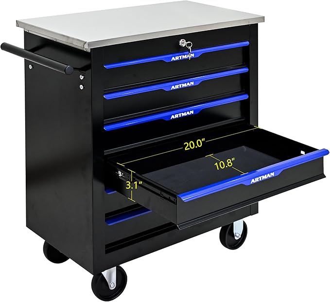 RYH 4/5/6/7 Drawers Rolling Tool Chest -Heavy Duty Mobile Metal Tool Box with Locking Wheels, with Stainless Steel Worktop, Garage Tool Storage Cabinet (Black-Blue, 6-Drawers 30.7 H¡¿25.9 W)