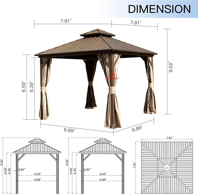 Domi 8’ X 8’ Hardtop Gazebo Canopy with Netting & Curtains, Outdoor Gazebo with Galvanized Steel Double Roof for Patio Lawn and Garden, Brown