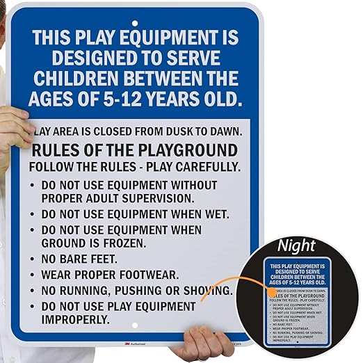 SmartSign 24 x 18 'Equipment Designed To Serve Children Ages 5-12, Rules Of Playground' Metal Sign, 80 mil Aluminum, 3M Laminated Engineer Grade Reflective, Blue/Black/White, USA-Made