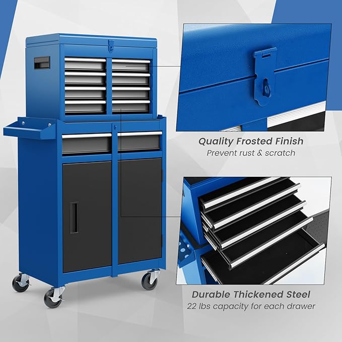 ERGOMASTER Tool Chest Heavy Duty Rolling Tool Box with Cabinet 5-Drawer for Lockable & Removable Cabinet for Garage and Workshop - Blue