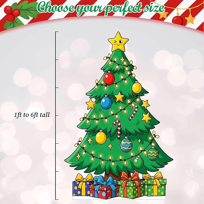 Christmas Tree Cardboard Cutouts, 4mm Corrugated Plastic Standee Decorations, Indoor Outdoor Xmas Yard & Party Décor, Photo Booth Prop, 3FT, Style 2