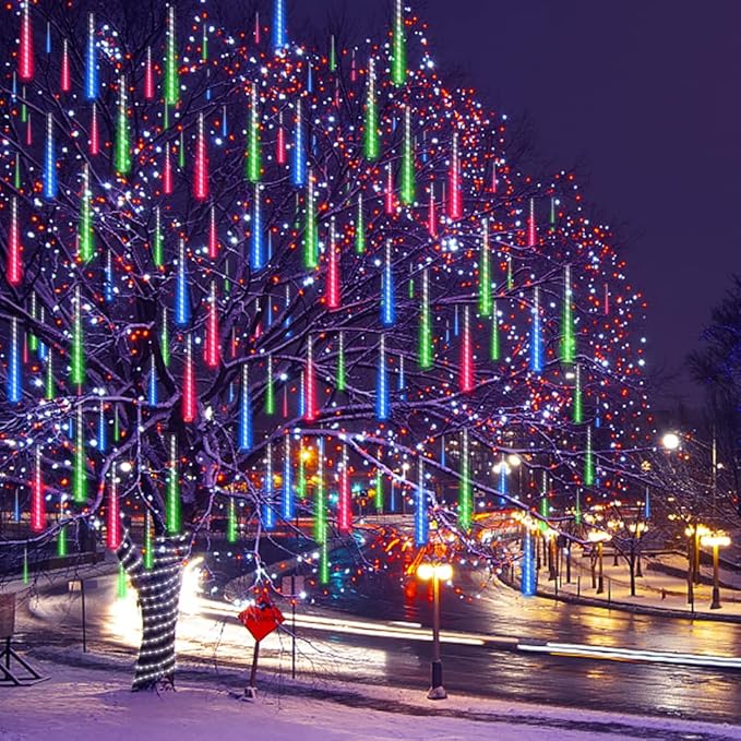 Meteor Shower Outdoor Christmas Lights 32 Tube 768LEDs Snow Falling Rain Cascading Icicle Light for Christmas Halloween Tree Decorations Wedding Party Garden Decor, UL Plug Multi Color