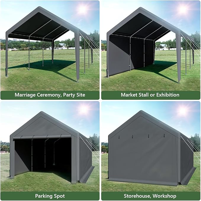 10x20 ft Heavy Duty Carport, Carports Garage with Removable Sidewalls and Reinforced Structure, Outdoor Car Canopy Tent Shelter for Vehicle and Boat (Gray)