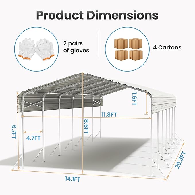 14x30ft Heavy Duty Metal Carport – Outdoor Galvanized Garage, Sturdy Structure, All-Weather Protection, Easy Assembly for Cars, Trucks, Boats, Tractors, and Outdoor Storage (Beige, 14x30FT)