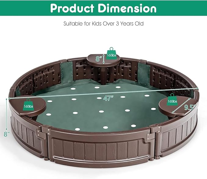 Costzon Round Kids Sandbox with Cover, HDPE Sand Pit w/Detachable Built-in Seating & Bottom Liner for Backyard, Garden, Beach, Lawn, Outdoor Sand Box for Kids Age 3+