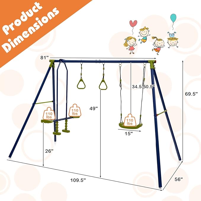 GLACER 440 LBS Heavy-Duty A-Frame Swing Set, 3-in-1 Swing Set w/1 U-Shaped Swing, 1 Glider, 2 Gym Rings, Multifunctional Activity Playset for Backyard, Garden, Park