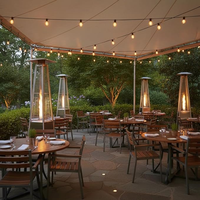 Sundale Pyramid Patio Heater, 48,000 BTU Propane Outdoor Heater with Wheels and Tip-Over Protection, Thickened Glass Tube Patio Heaters for Outdoor Use, Commercial & Residential (Sliver)