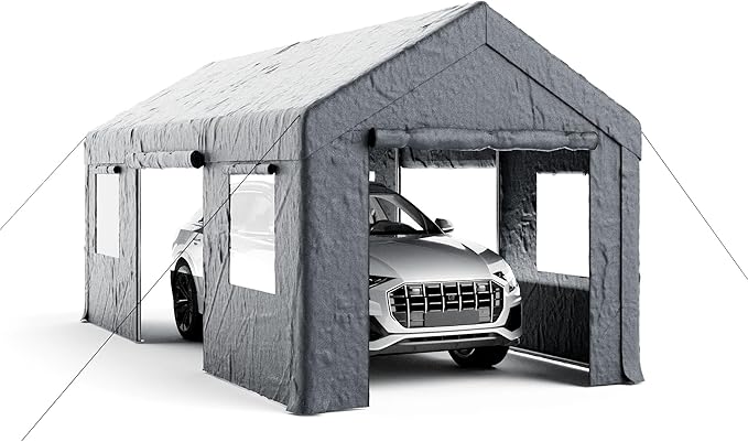 10x20ft Heavy Duty Carport, Reinforced Frame, Weatherproof Canopy with Roll-up Ventilated Windows & Sidewalls, Easy Assembly Portable Car Shelter for Garage/Storage/Party