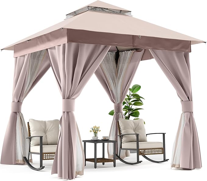 LAUSAINT HOME Semi-Permanent Patio Gazebo 8'x8' with Expansion Bolts, Outdoor Heavy Duty Shelter Party Tent with Double Roofs, Mosquito Nettings and Privacy Screens for Backyard, Garden, Lawn, Khaki