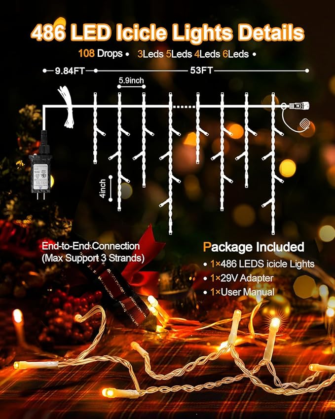 Christmas Lights Outdoor, 53 FT 486 LED Christmas Light for Outside, Timer & Memory, Plug in 8 Modes Hanging Fairy Light with 108 Drops for House Eaves Yard Patio Holidays Decorations, Warm White