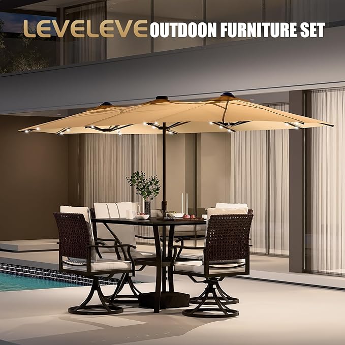 CHABATREE 15FT Rectangle Patio Umbrella with Base & Solar LED Lights - Double-Sided
