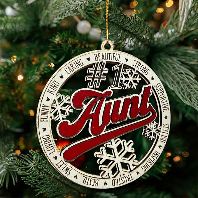 #1 Aunt Wooden Christmas Ornament – Best Aunt Holiday Tree Hanging Decoration, Rustic Family Xmas Gift with Snowflakes & Words