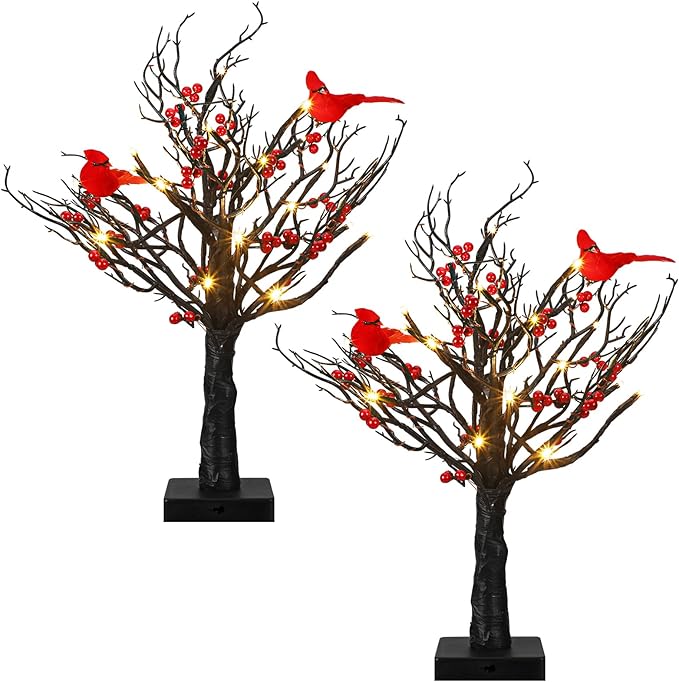 Realspring 2 Pcs Vintage Glowing Tree with Cardinals Lighted Mini Birch Tree 24 LED Cardinal Little Red Bird Table Decoration for Tabletop Centerpiece Xmas Indoor Home Decor, Operated by Battery