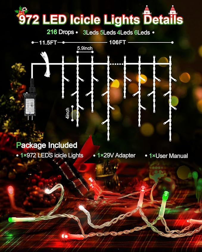 106 FT Christmas Lights Outdoor, 972 LED Waterproof Outside Christmas Lights Plug in, Connectable 8 Modes Hanging Fairy Lights with 216 Drops for House Eaves Yard Patio Decoration,Red Green and White