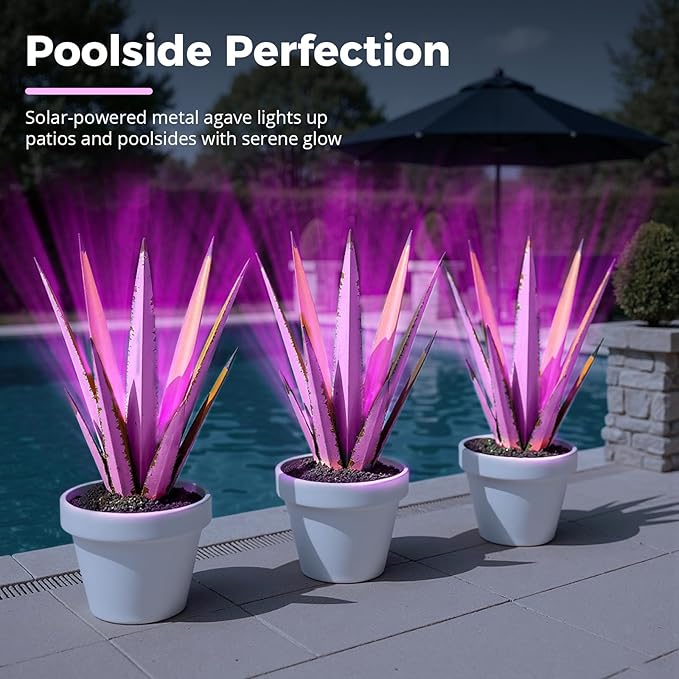 24” Large Solar Metal Agave Plants Outdoor Decor, Tequila Rustic Sculpture Outdoor Statues, Garden Sculpture for Patio Path Courtyard and Lawn (Vintage Purple-Solar Light)