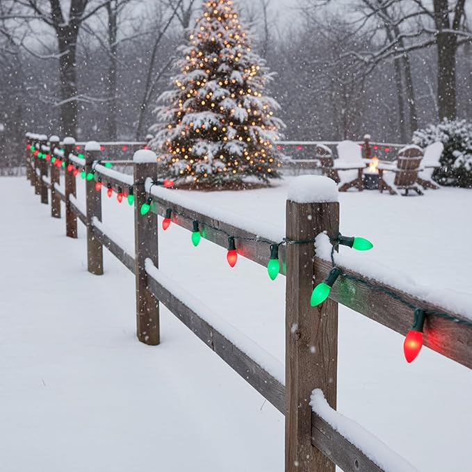 C7 LED Christmas String Lights,25ft LED Outdoor Christmas Light with 27 Red&Green Bulb(2 Spare),Connectable Red and Green String Lights for Tree Yard Garden Porch Party Decor