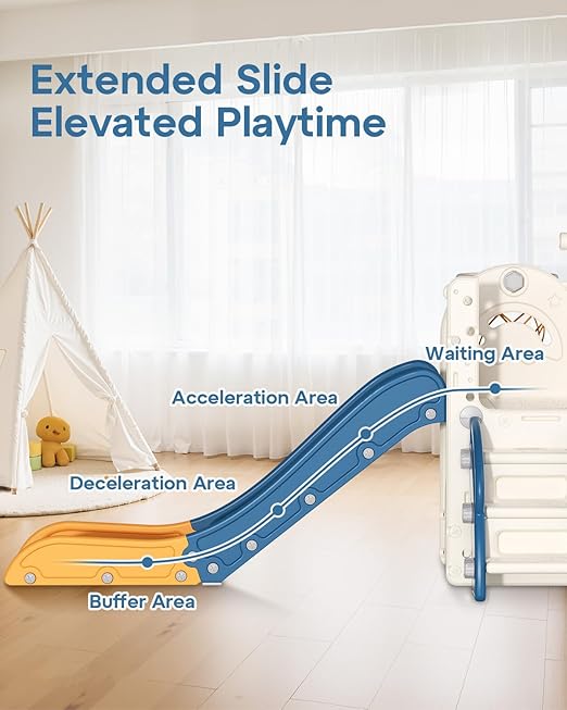 BIERUM Toddler Slide for Kids,6-in-1 Indoor Outdoor Toddler Slides Playground with Basketball Hoop, Golf Game & Telescope, L-Shaped Baby Slide Climber Playset, Blue&Yellow