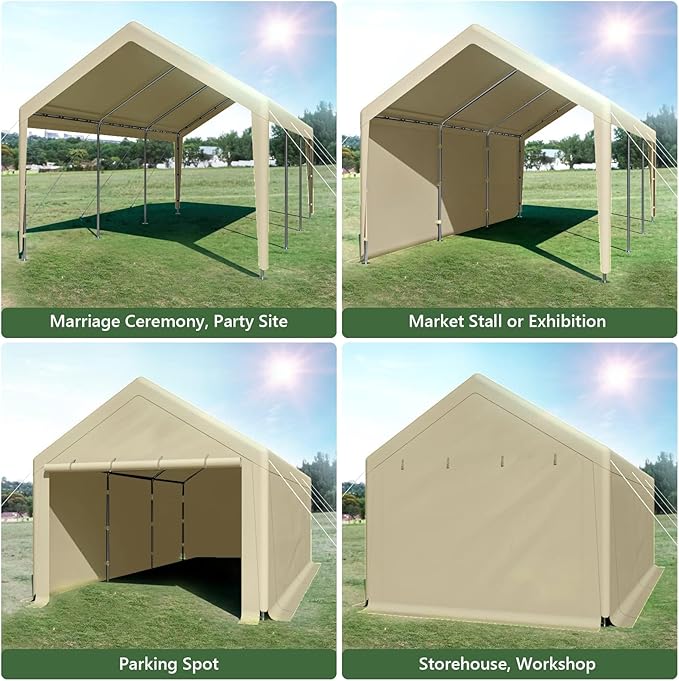 10x20 ft Heavy Duty Carport, Carports Garage with Removable Sidewalls and Reinforced Structure, Outdoor Car Canopy Tent Shelter for Vehicle and Boat (Beige)