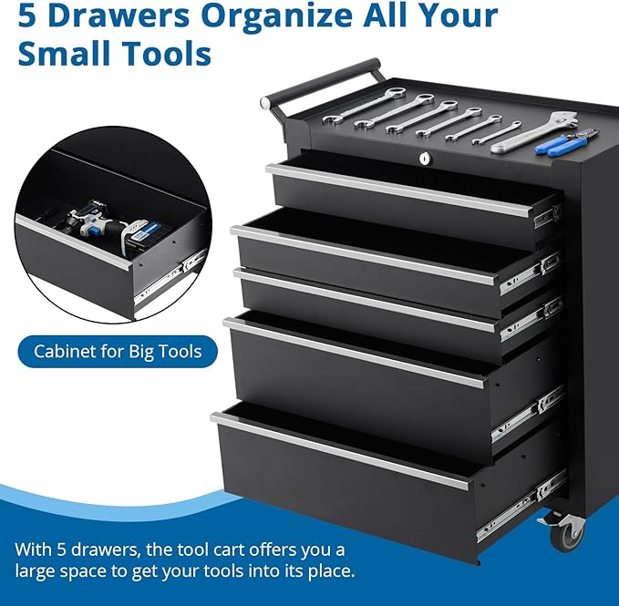 Rolling Tool Chest with Wheels - Heavy Duty 5 Drawer Tool Cart with Keyed Lockable, Side Handle, Protective Liner, Mobile Metal Storage Organizer Cabinets for Garage, Warehouse, Repair Shop