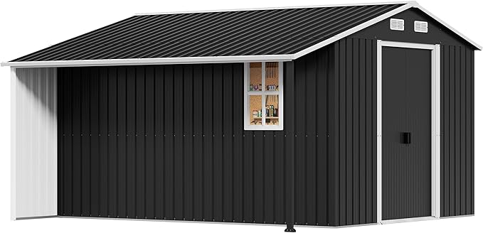 Jocisland Outdoor Storage Shed 10.6x10.3x6.3 FT, Rolling Door Shed with Dual 4-Pane Windows for Wood Storage, Dark Grey/White